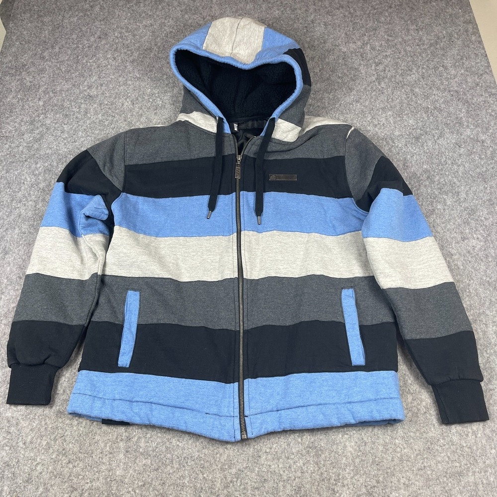 Y2K Reef Full Zip Jacket Hoodie Large Blue Gray Striped‎ Colorblock Lined Cotton